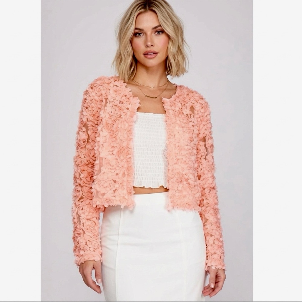 She + Sky Long Sleeve 3D Mesh Short Jacket Cardigan Flower appliqué in Pink m